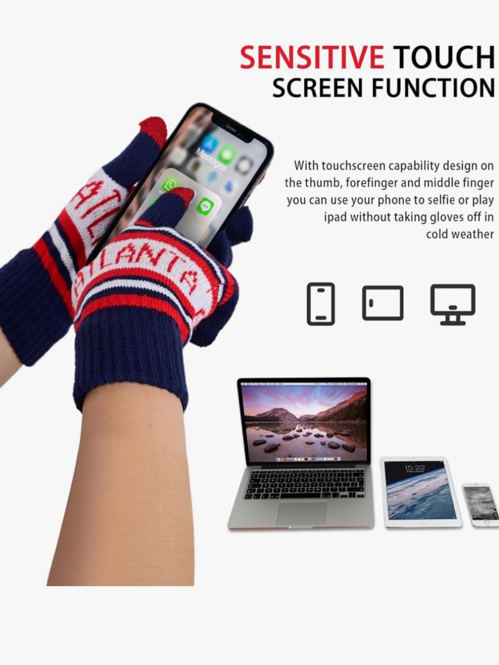NWT Atlanta Sports Fan Knit Touchscreen Texting Gloves OSFM - Picture 2 of 2